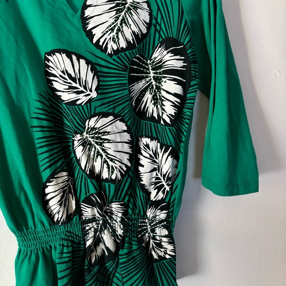 Palm Island Green Floral 3/4 SLIT Sleeve Elastic Waist Pullover V Neck TOP Small - Picture 4 of 6
